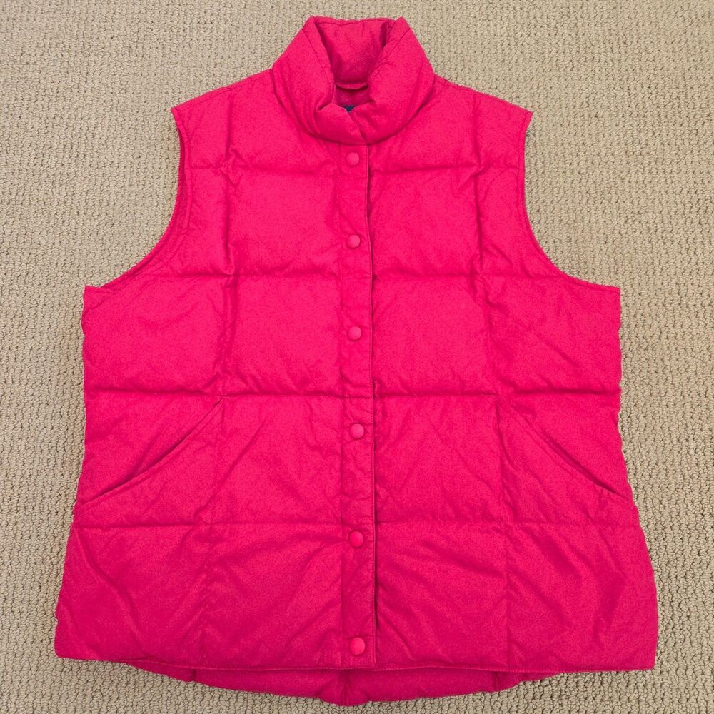 Lands' End Puffer Vest Womens Large 14-16 Hot Pink Snap Front Goose Down Quilted